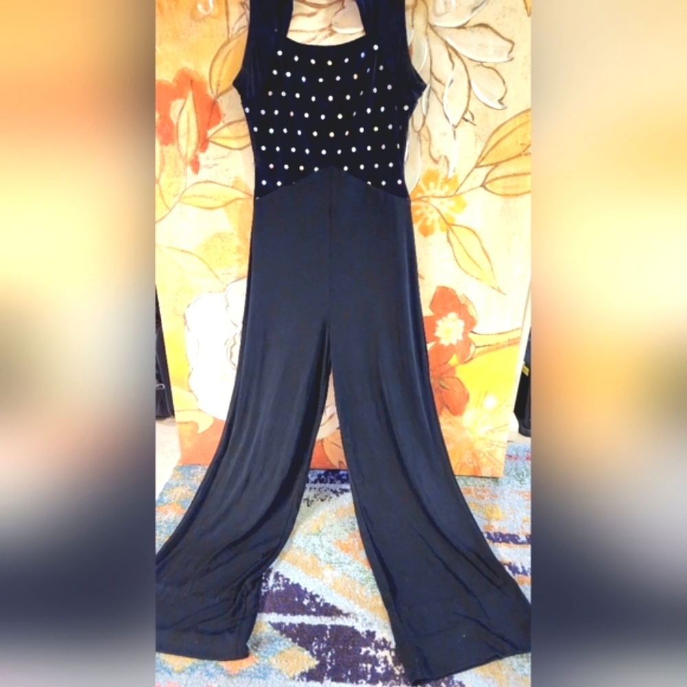 ALGY Uni Black Velvet Keyhole Sequin Skate Dance Pallazzo Pants Disco Jumpsuit S